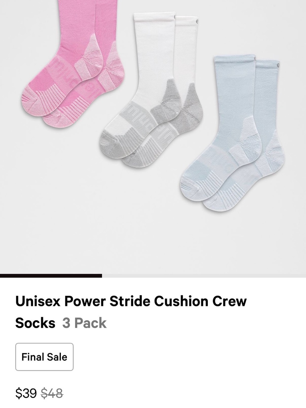 lululemon athletica Crew Cushion Socks - Pink, White, Light Blue (3 Pack)